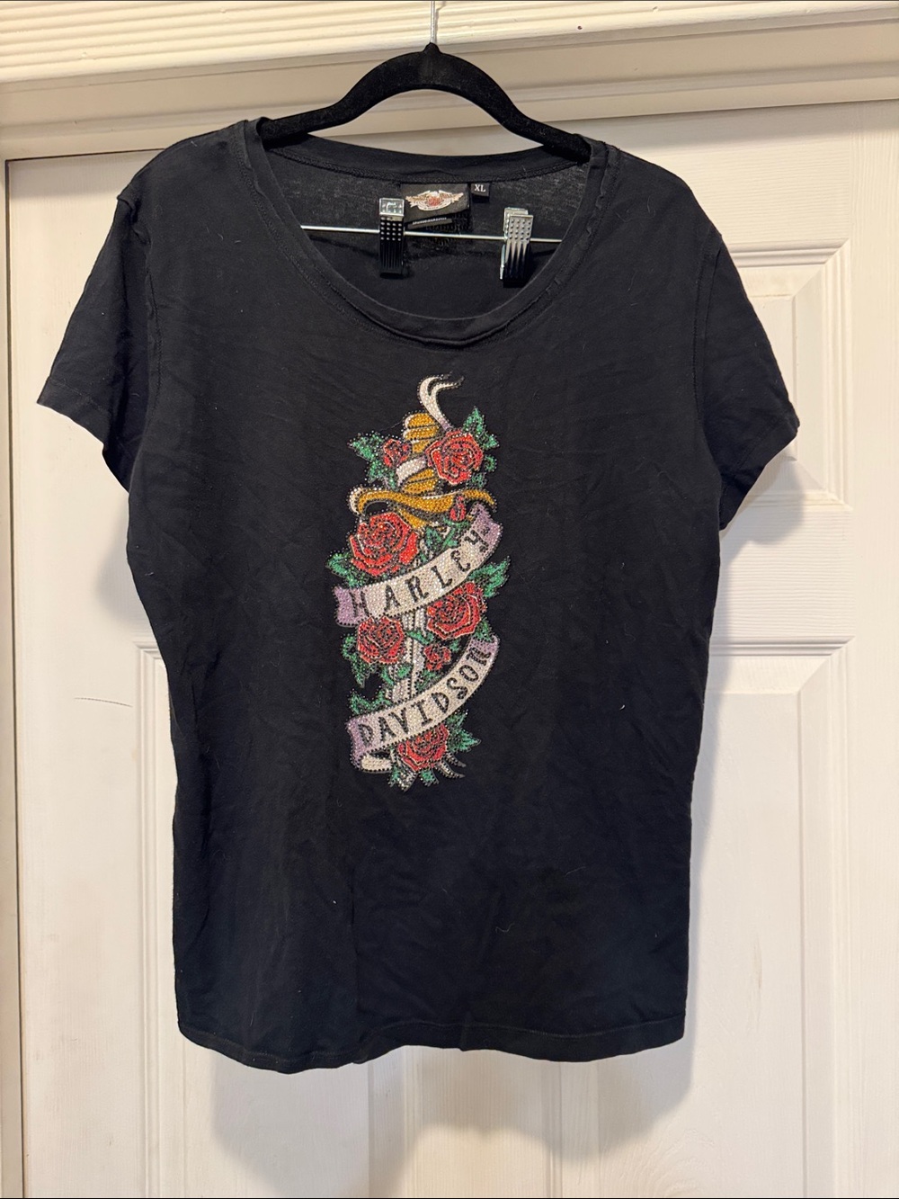 Harley-Davidson Black Short Sleeve Tee with Beaded Floral Dagger Graphic